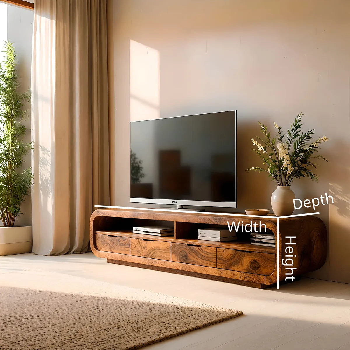Modern Solid Wood Rounded TV Stand with Drawers
