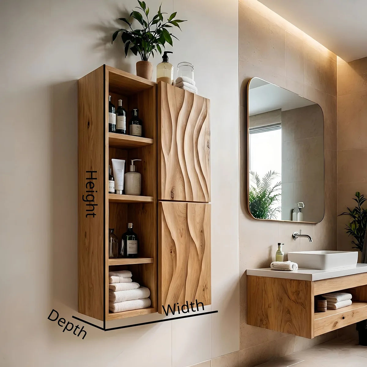 Handcrafted Solid Wood Bathroom Wall Storage Cabinet with Open Shelves