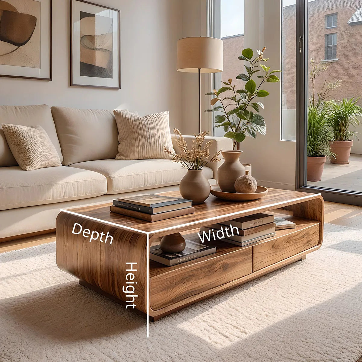 Modern Solid Wood Curved Coffee Table with Open Shelf and Drawers