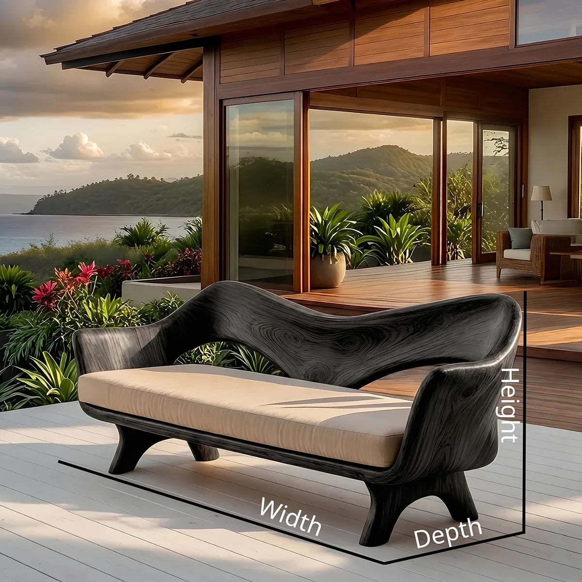 Luxury Sculptural Outdoor Wooden Sofa with Organic Modern Curved Design