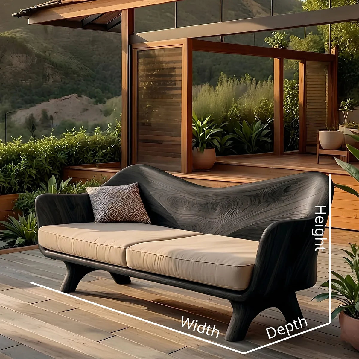Luxury Organic Modern Outdoor Wooden Sofa with Sculptural Curved Frame