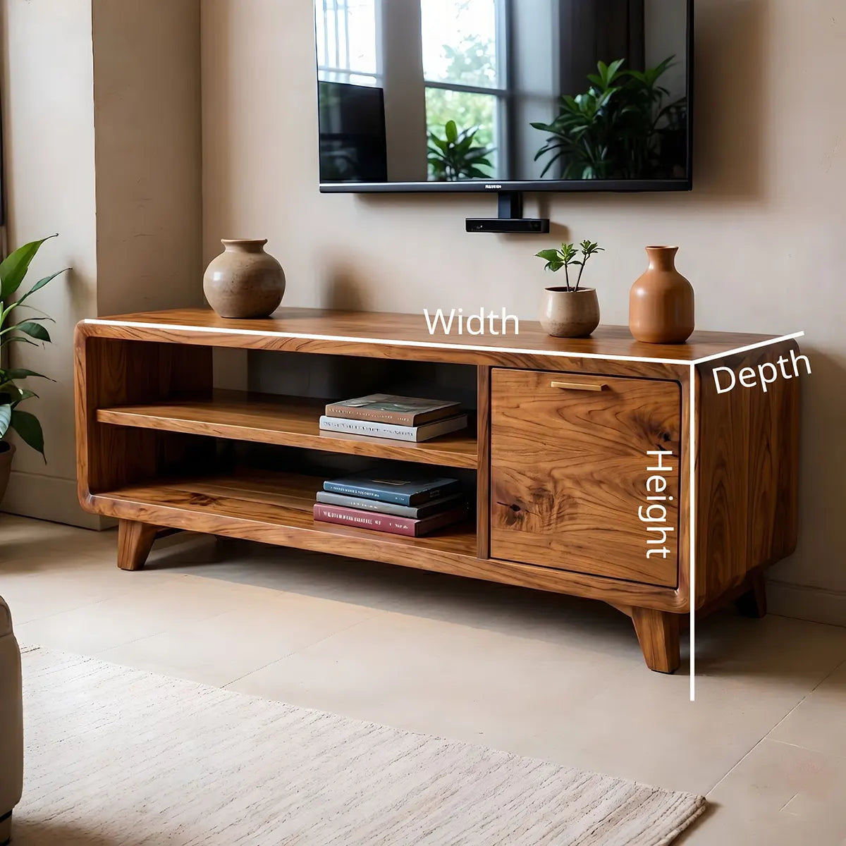 Modern Solid Wood Rounded TV Stand with Cabinet and Open Shelves