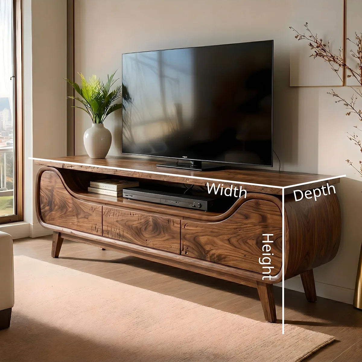 Mid Century Modern Solid Wood Sculptural TV Stand