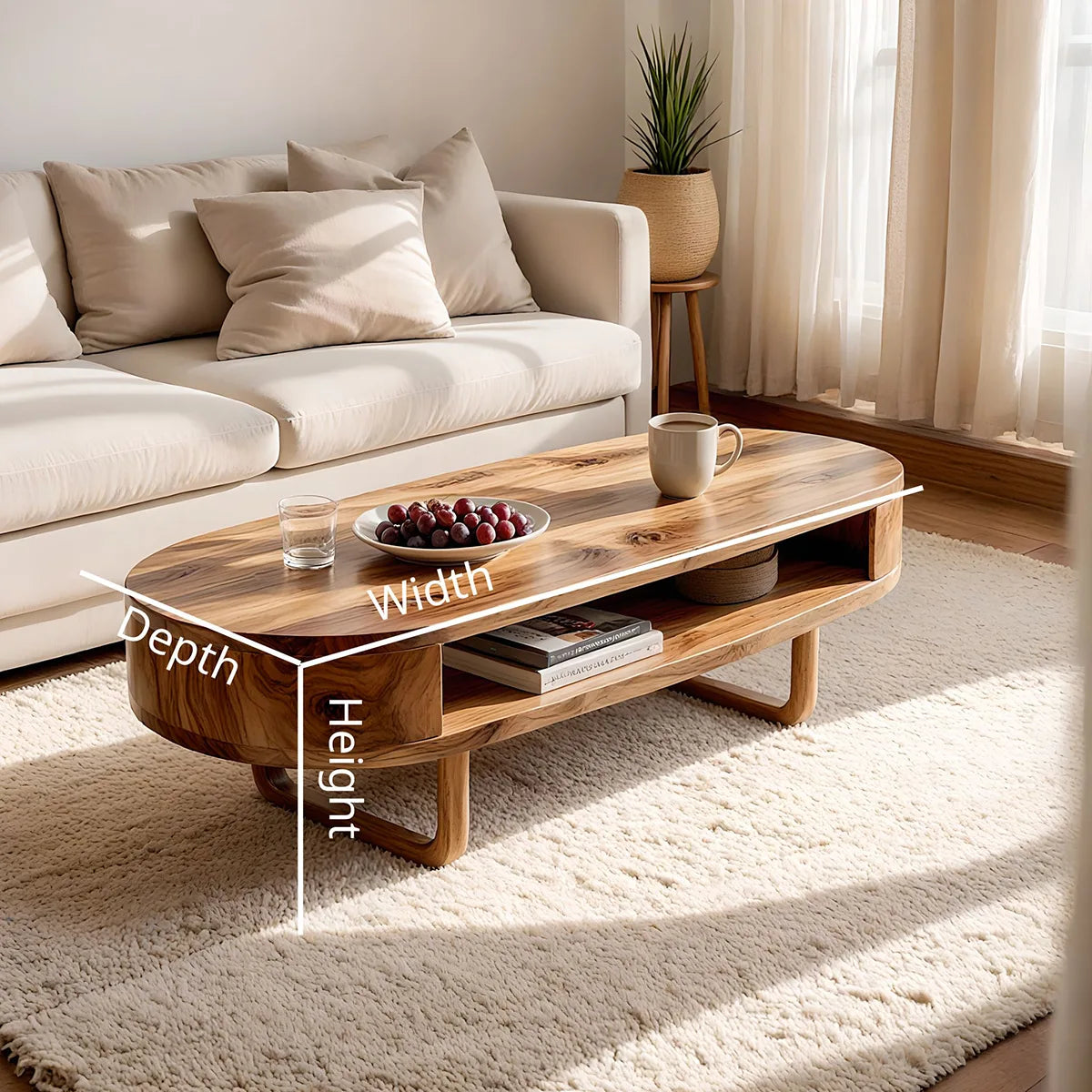 Mid Century Solid Wood Oval Coffee Table with Open Storage