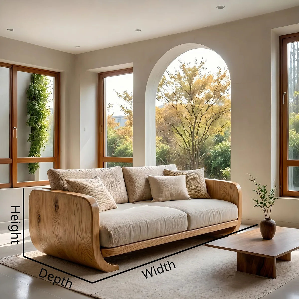 Luxury Organic Modern Wooden Sofa with Curved Sculptural Armrests