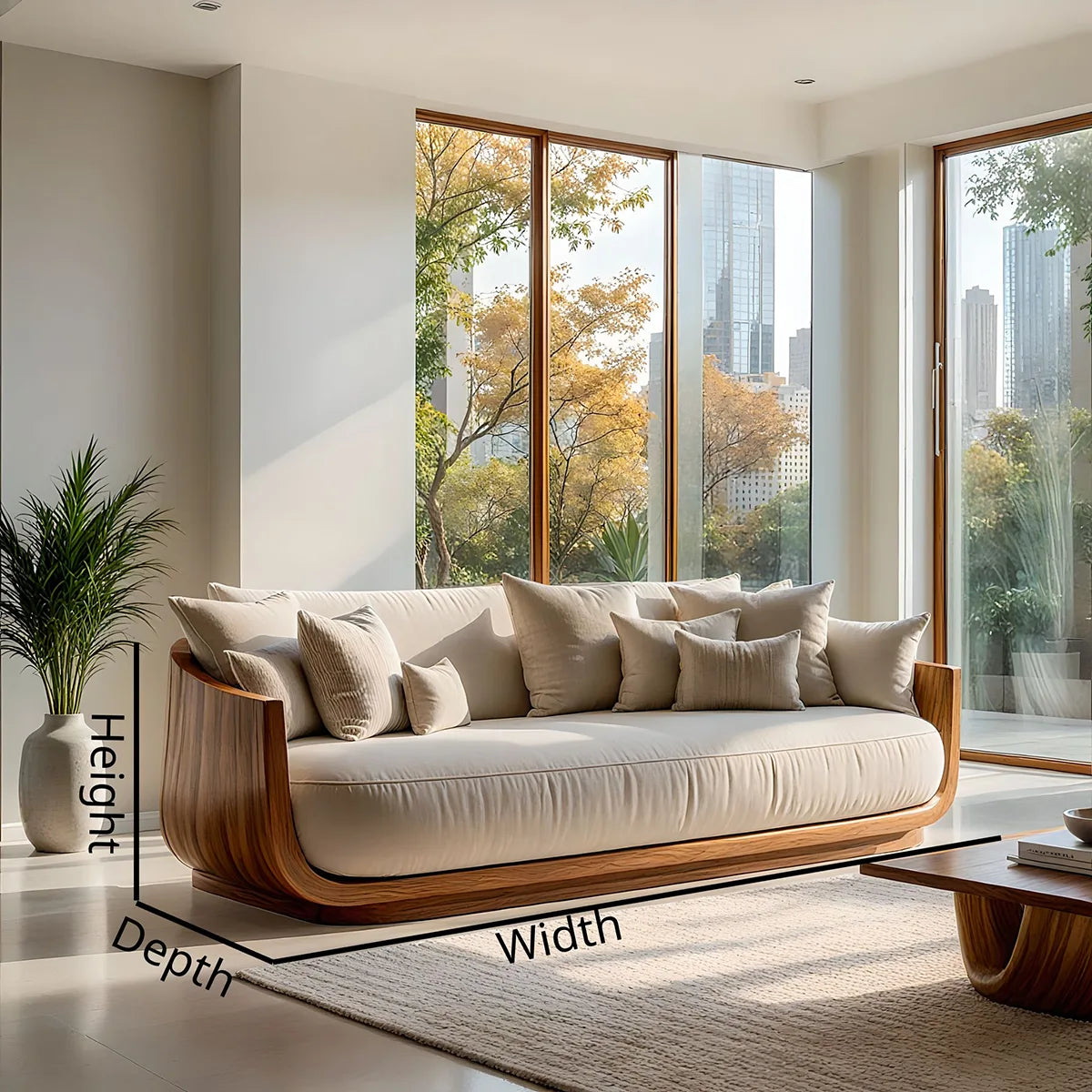Luxury Organic Modern Solid Wood Curved Sofa with Deep Cushioned Seating