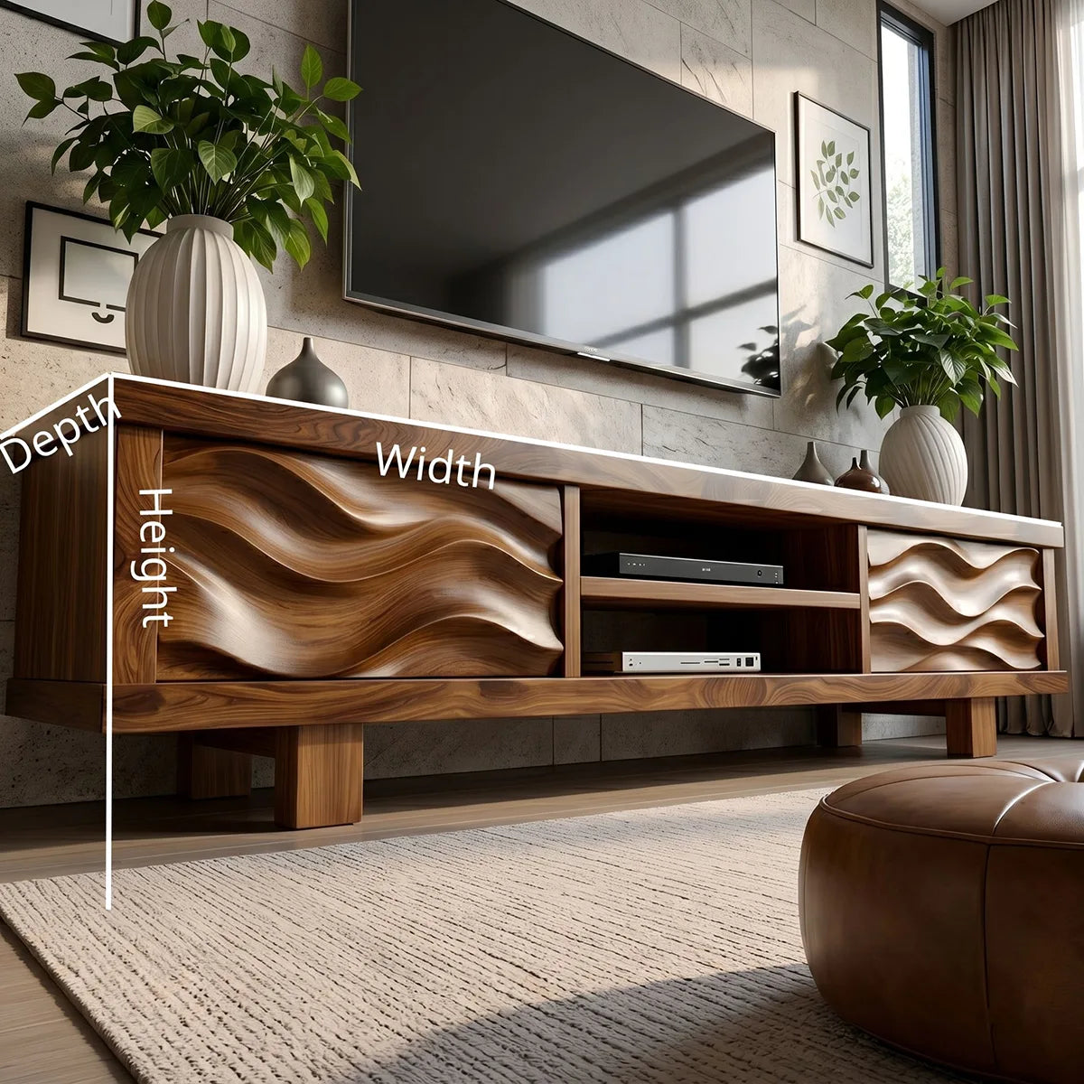Modern Solid Wood Wavy Carved TV Stand with Open Shelving