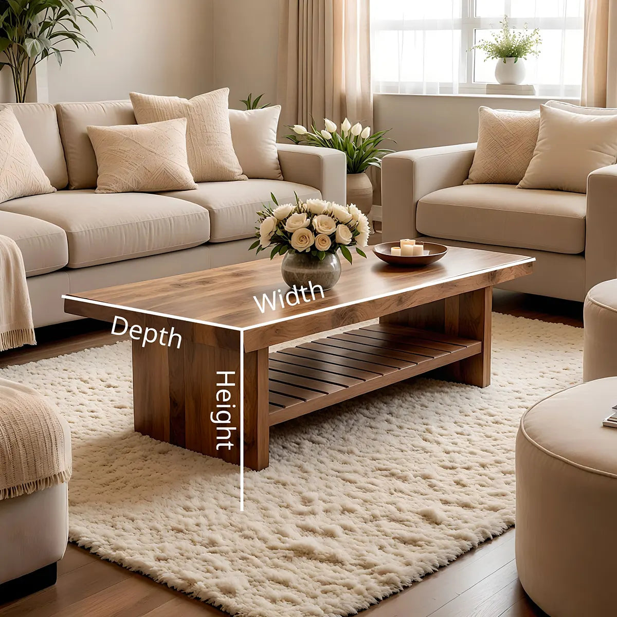 Modern Wooden Coffee Table with Slatted Open Shelf for Home Decor