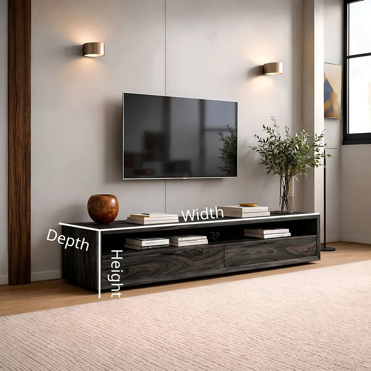 Modern Solid Wood Low Profile TV Stand with Open Shelving