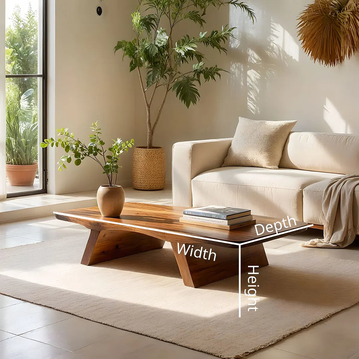 Solid Wood Live Edge Coffee Table with Sculptural Tapered Base