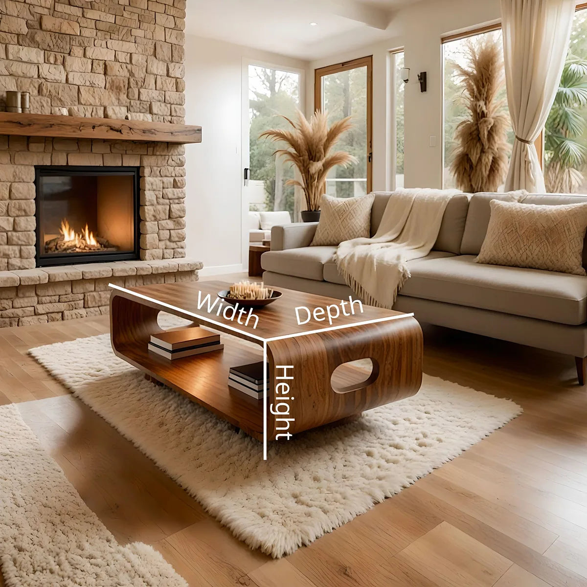 Modern Solid Wood Curved Coffee Table with Open Shelf and Side Cutouts