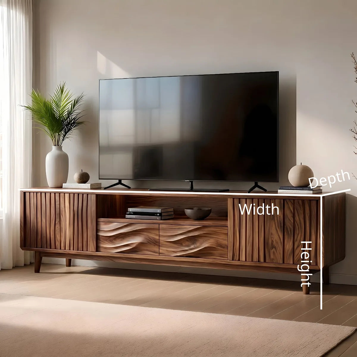 Mid Century Modern Solid Wood Fluted and Wavy Carved TV Stand
