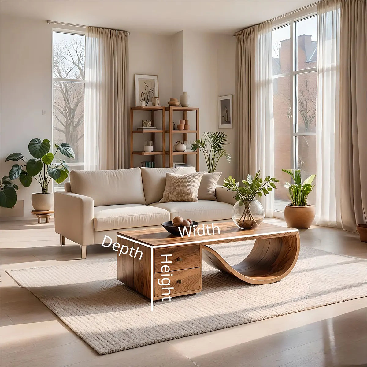 Modern Solid Wood Sculptural Coffee Table with Storage Drawers
