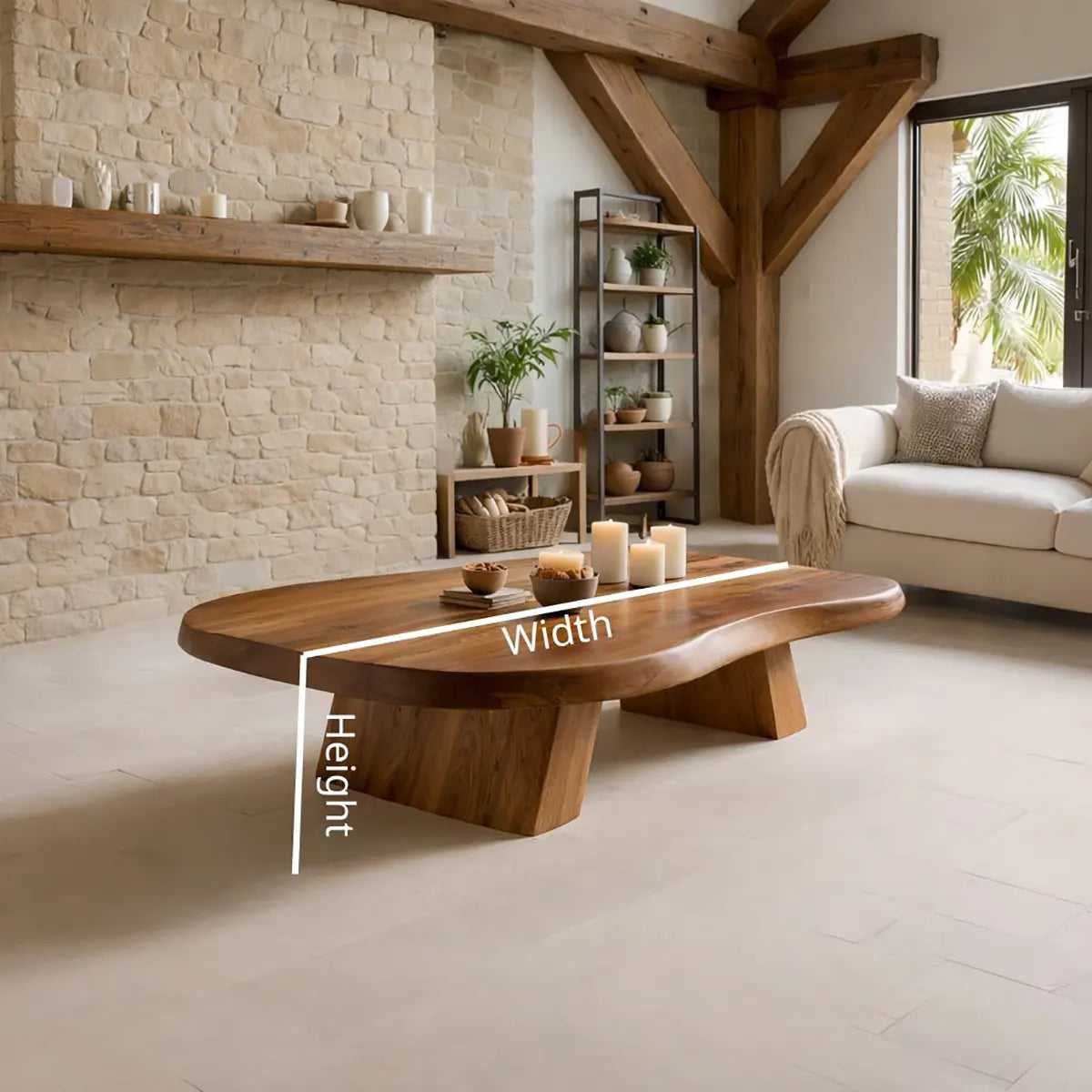 Large Organic Solid Wood Coffee Table with Tapered Pedestal Base