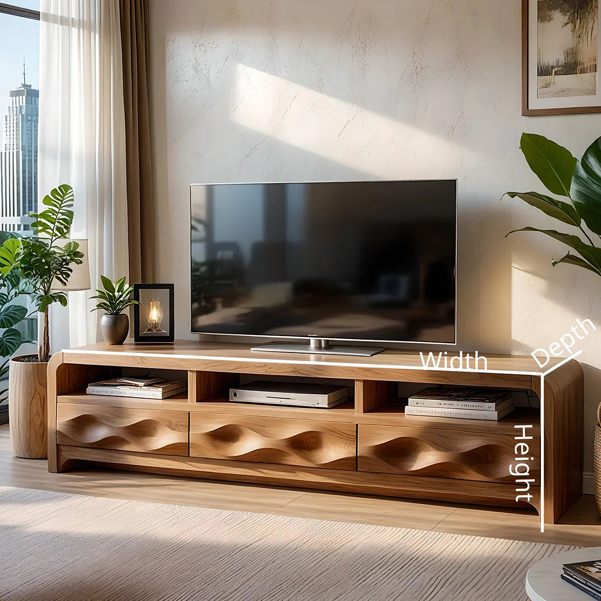 Modern Solid Wood Rounded TV Stand with Sculptural Wavy Drawers
