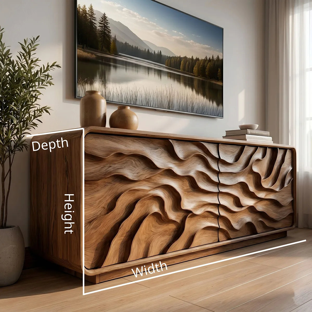 Modern Solid Wood Rounded TV Stand with Deep Wavy Sculptural Facade