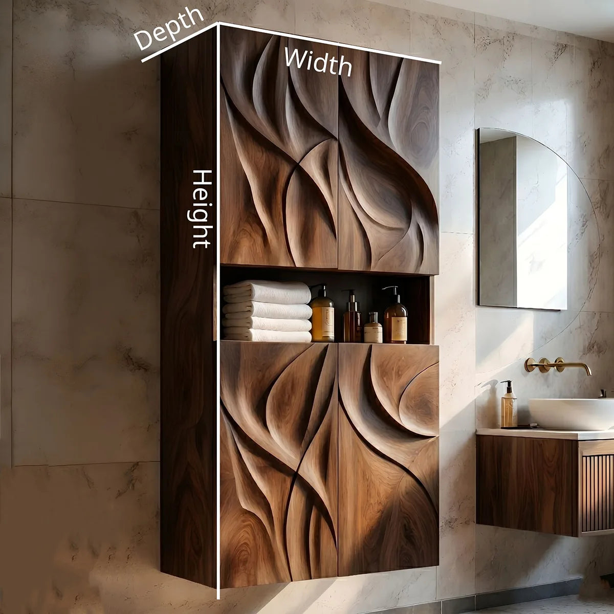 Handcrafted Solid Wood Wall Storage Cabinet Sculpted Bathroom Cabinet
