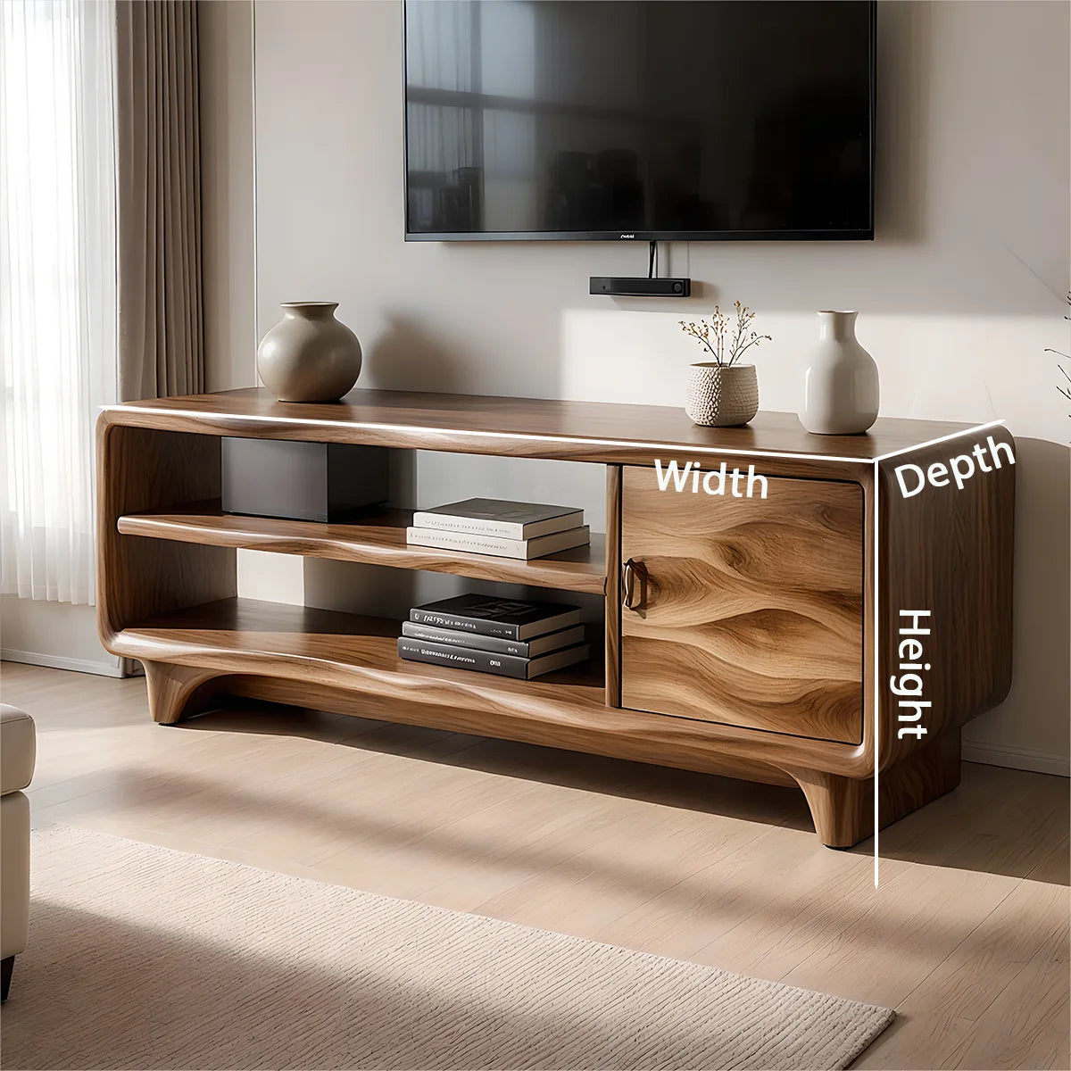 Modern Solid Wood Rounded TV Stand with Wavy Carved Cabinet