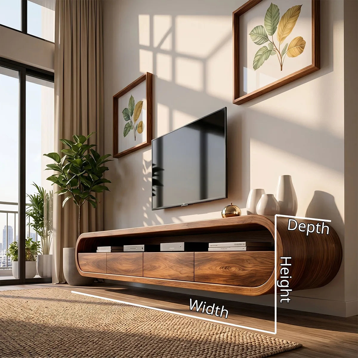 Modern Solid Wood Floating TV Stand with Rounded Edges
