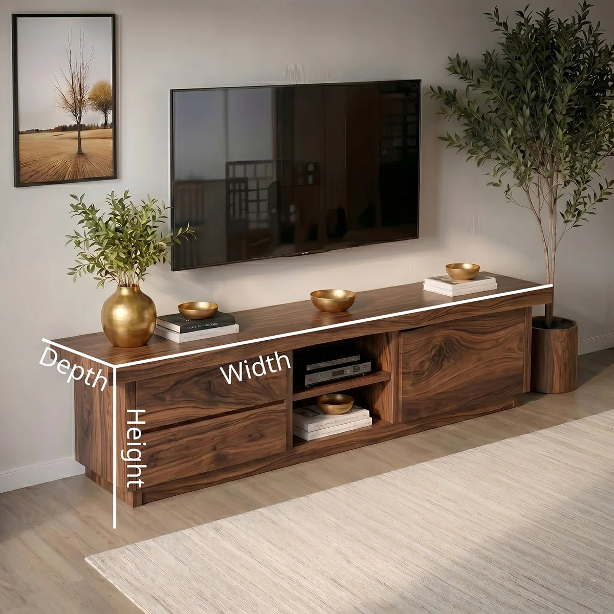 Modern Solid Wood Asymmetrical TV Stand with Mixed Storage