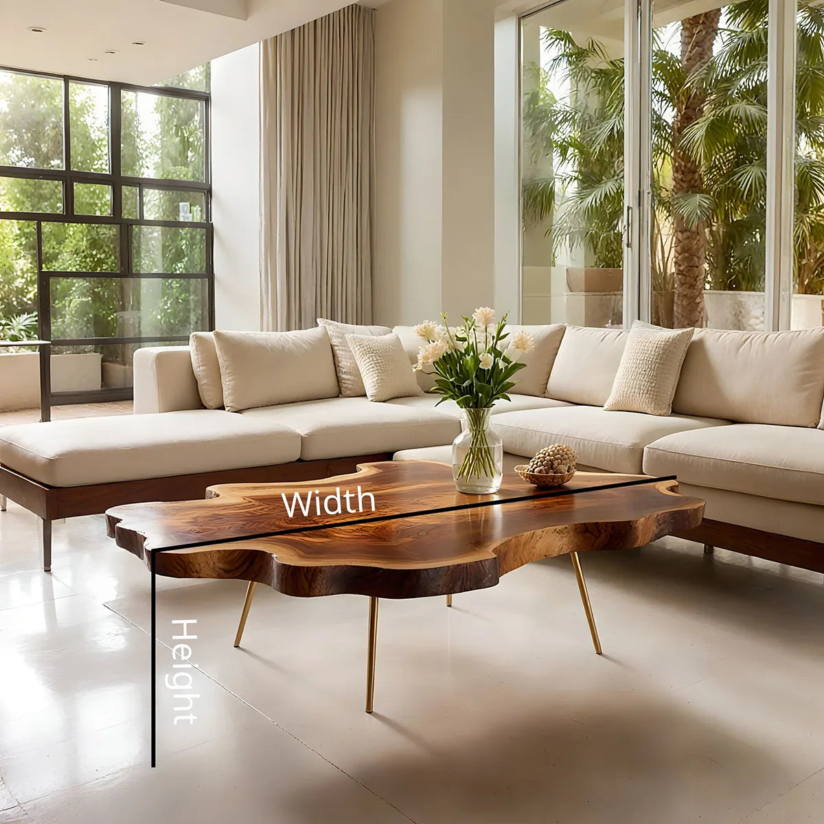 Large Organic Live Edge Solid Wood Coffee Table with Metal Legs