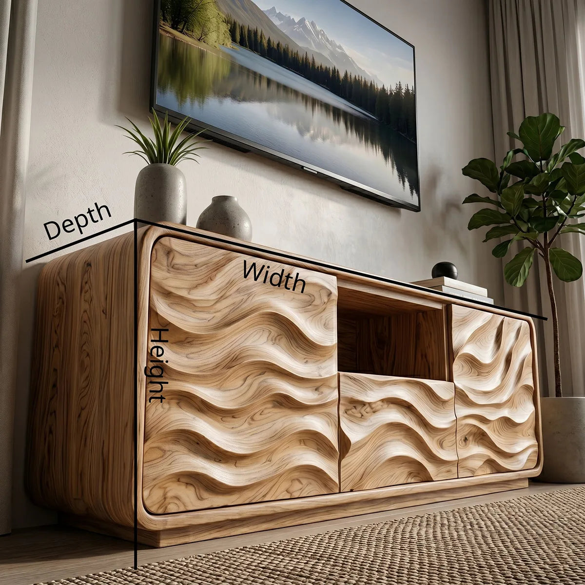 Modern Solid Wood Rounded TV Stand with Full Wavy Carved Facade
