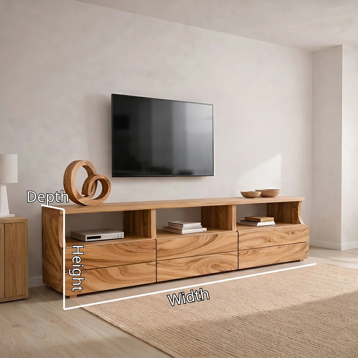 Modern Solid Wood TV Stand with Open Shelves and Drawers