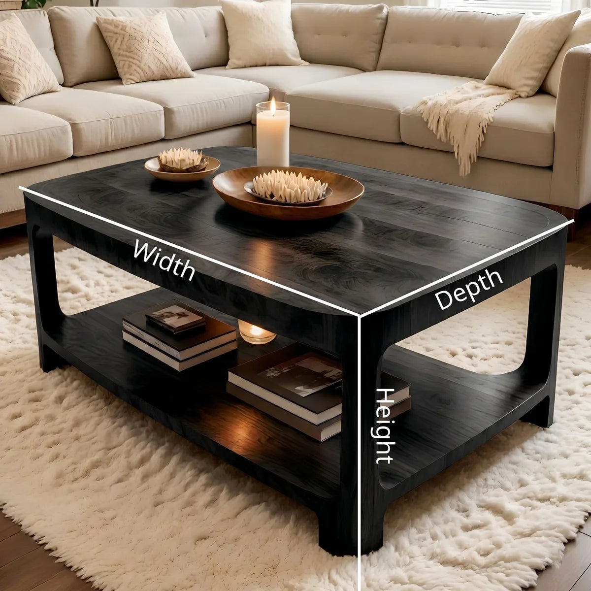 Modern Solid Wood Rectangular Coffee Table with Lower Storage Shelf