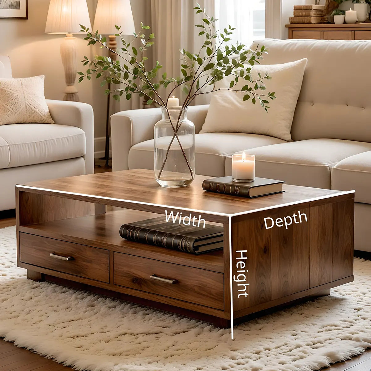 Modern Wood Coffee Table with Storage Drawers and Open Shelf