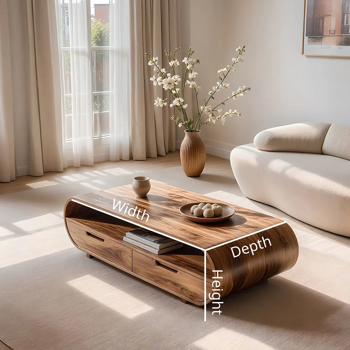 Handcrafted Solid Wood Curved Coffee Table with Drawers and Open Shelf