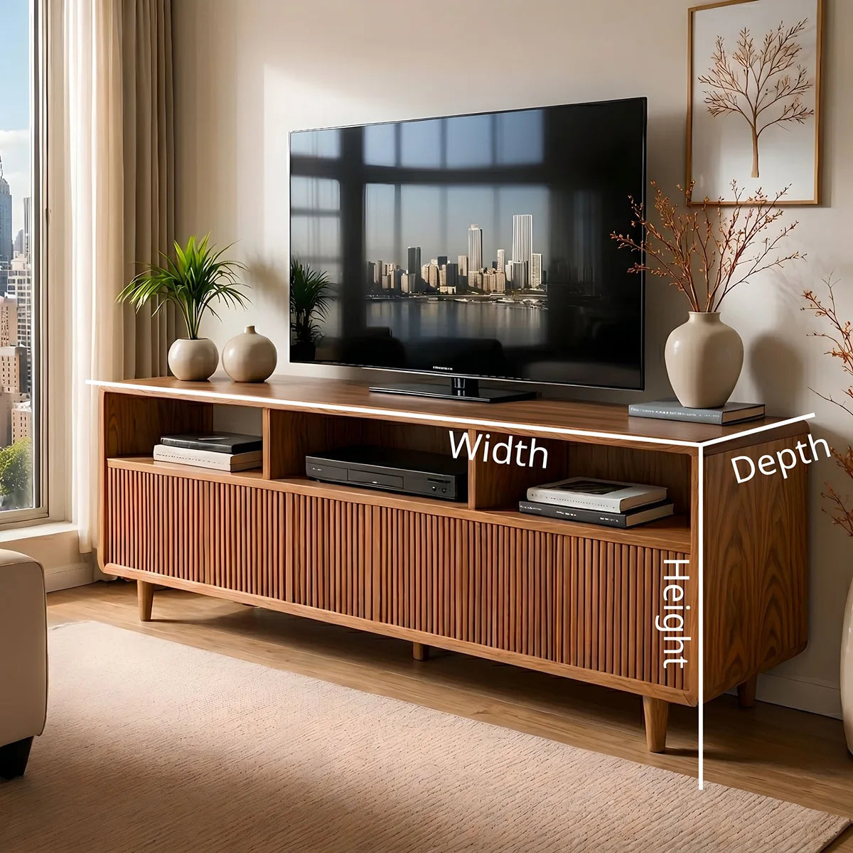 Mid Century Modern Solid Wood TV Stand with Slatted Doors