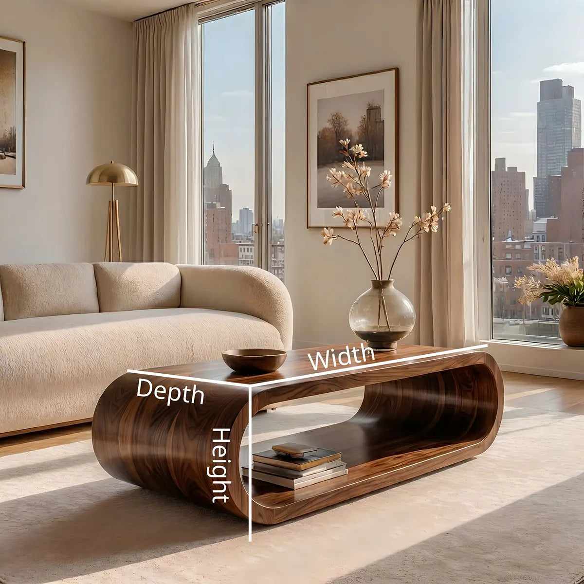 Modern Solid Wood Continuous Oval Coffee Table with Open Storage