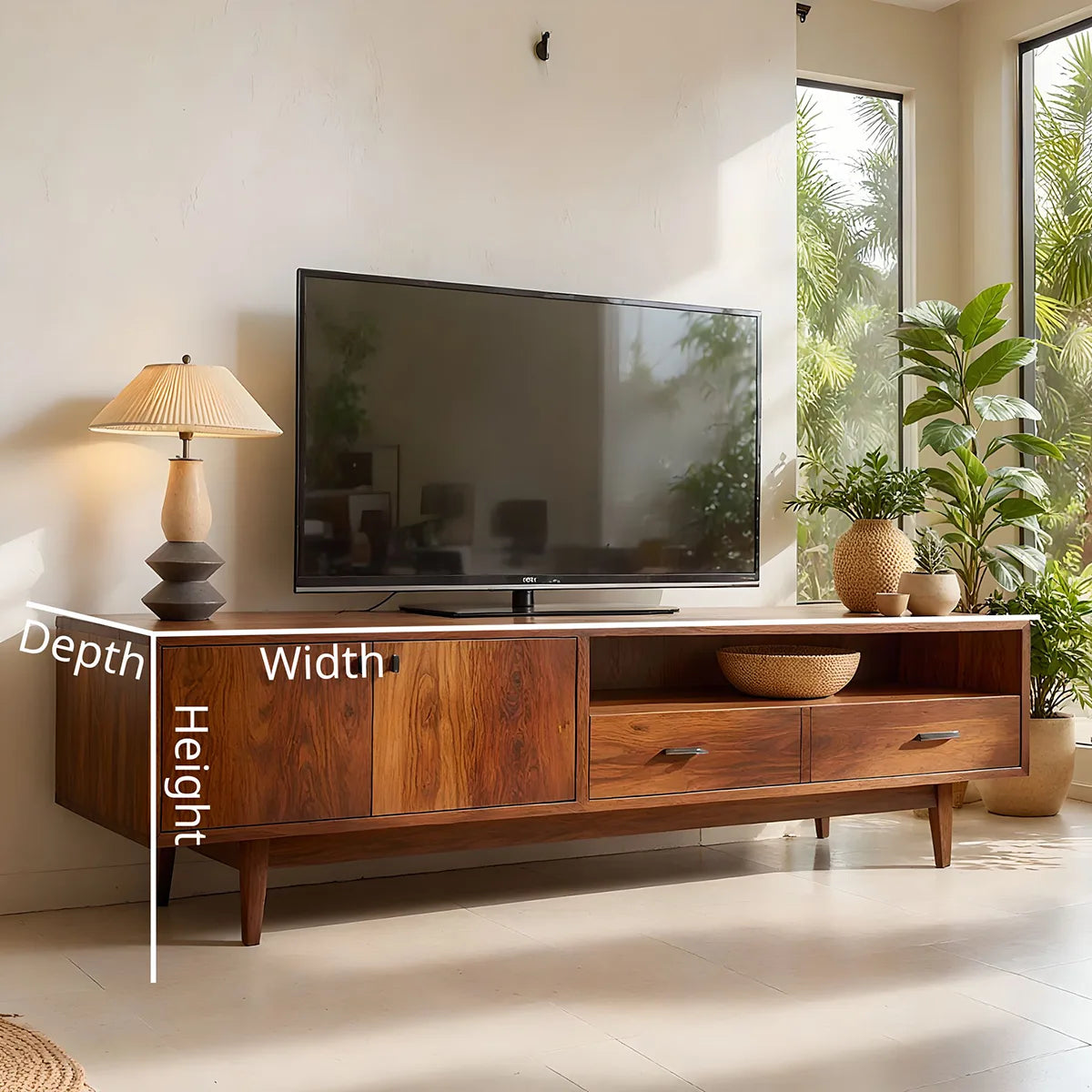 Mid Century Modern Solid Wood TV Stand with Mixed Storage