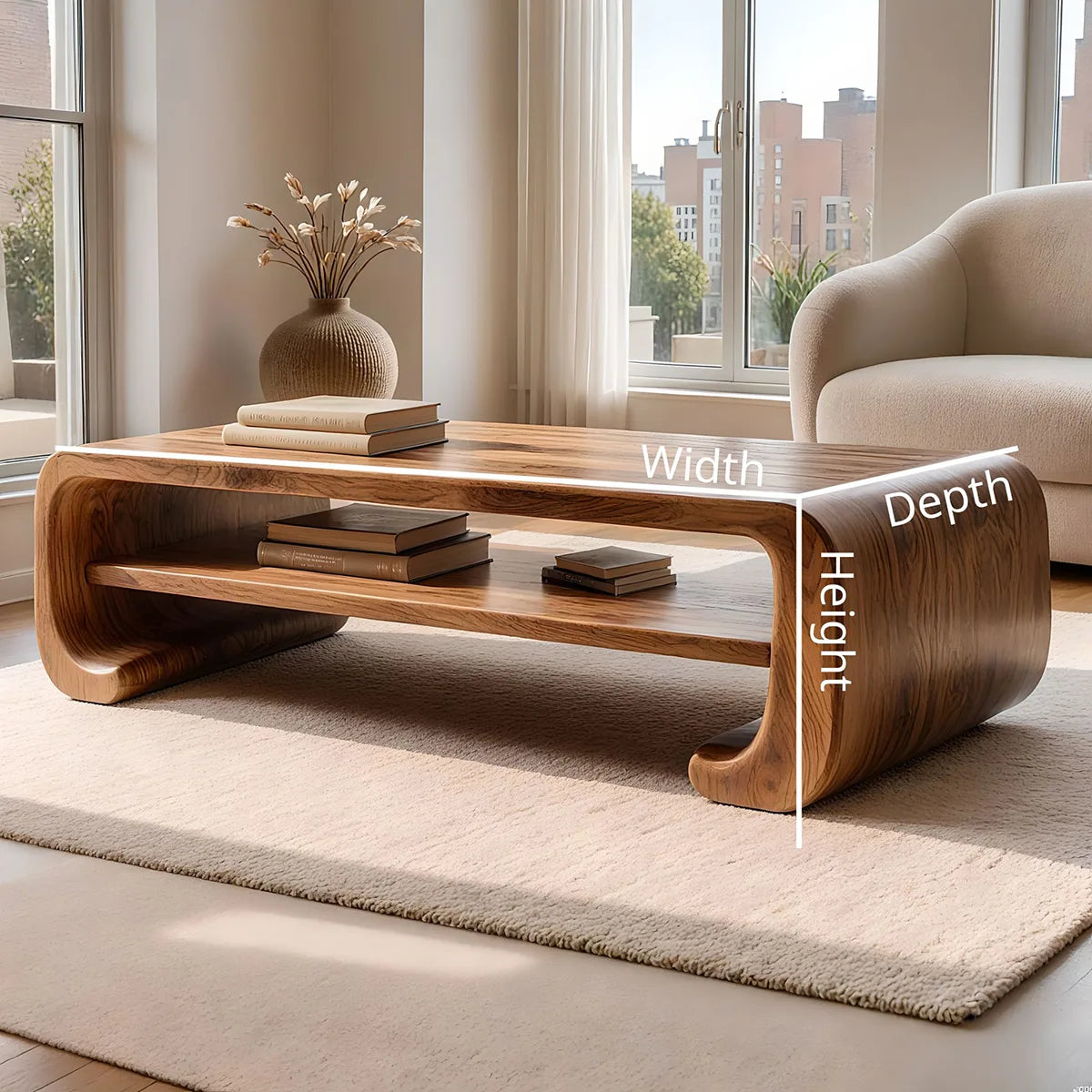 Handcrafted Solid Wood Coffee Table with Continuous Curved Silhouette