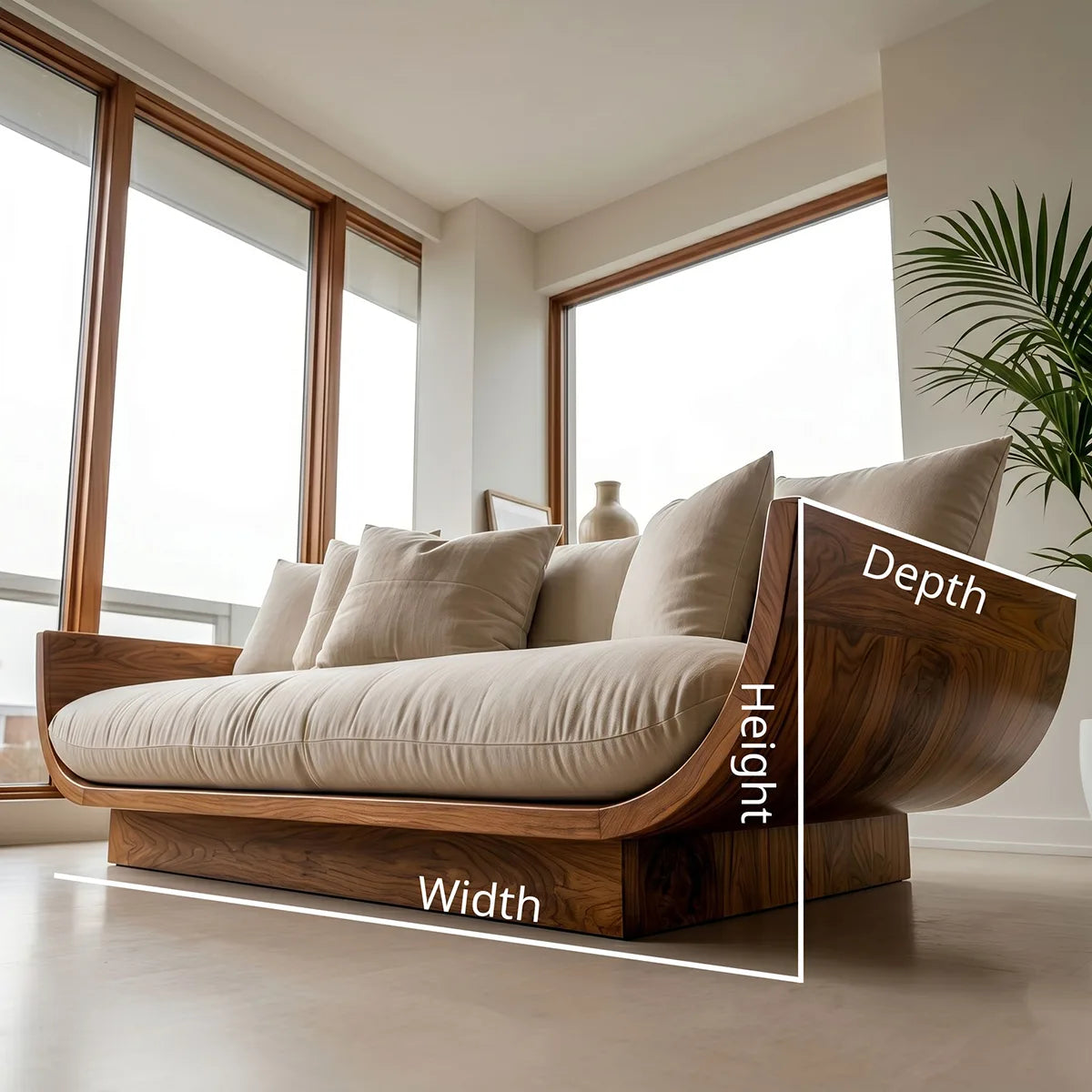 Handcrafted Organic Modern Solid Wood Lounge Sofa with Curved Frame
