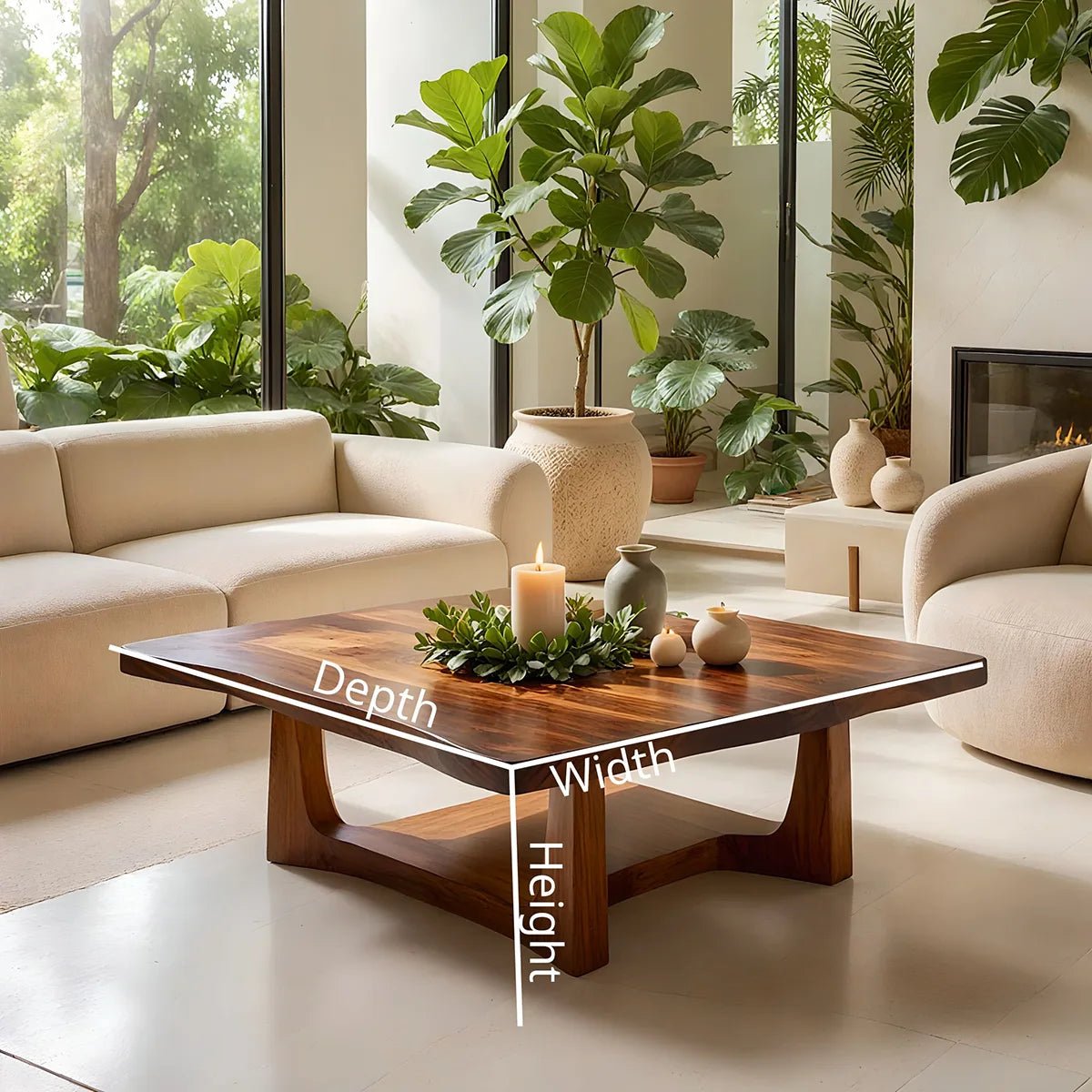 Solid Wood Square Live Edge Coffee Table with Sculptural Geometric Base