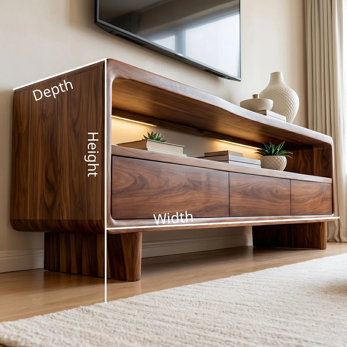 Modern Solid Wood Geometric Sculptural TV Stand