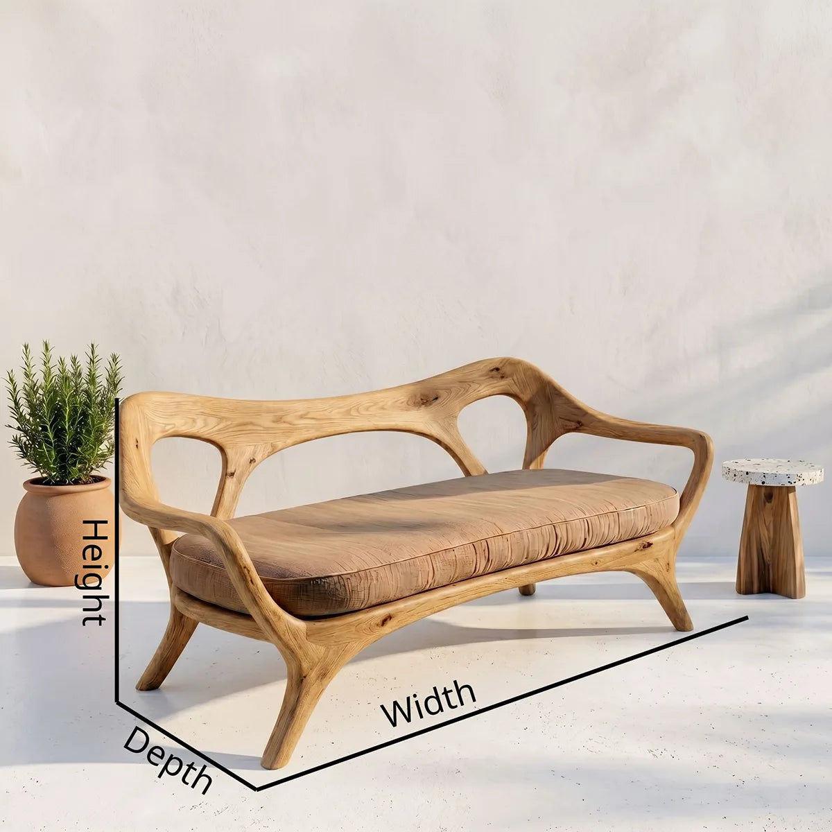 Luxury Organic Modern Outdoor Solid Wood Sofa with Sculptural Backrest