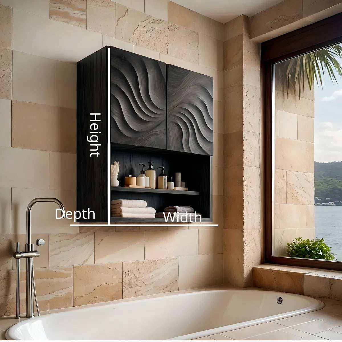 Handcrafted Solid Wood Bathroom Wall Storage Cabinet with Sculpted Door