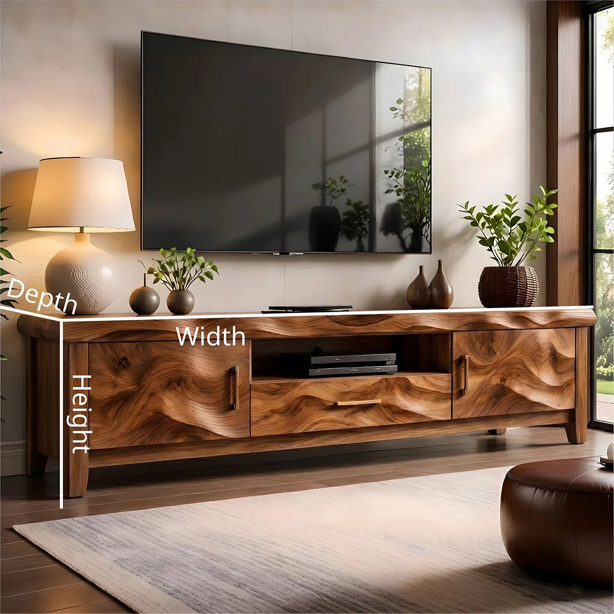 Modern Solid Wood Wavy Carved TV Stand with Mixed Storage
