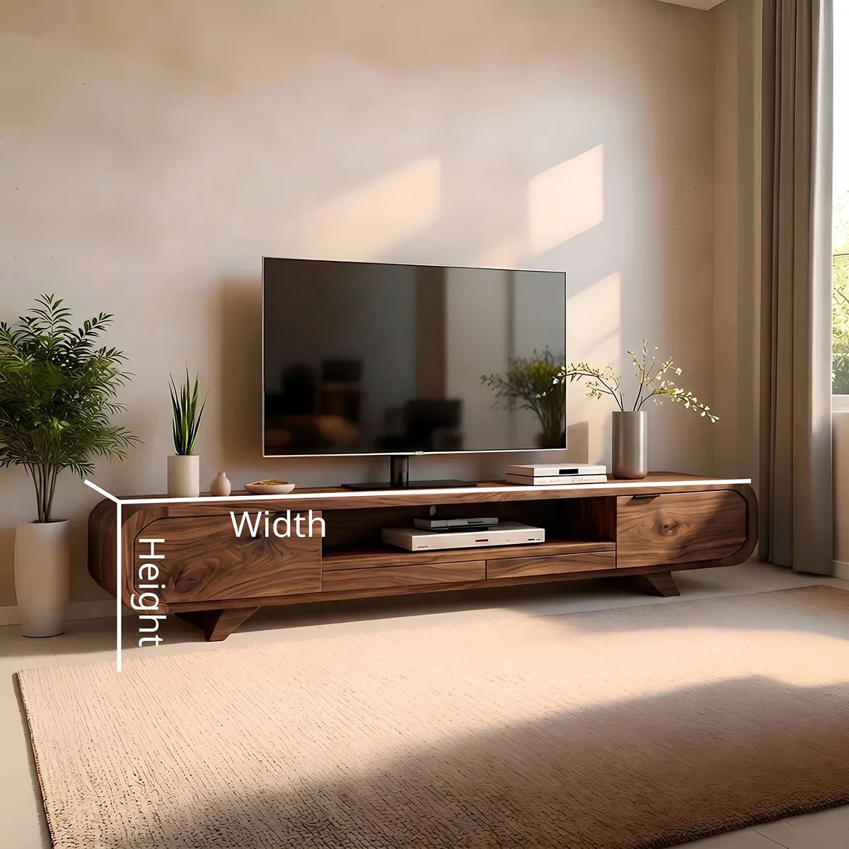 Mid Century Modern Solid Wood Rounded TV Stand with Cabinets