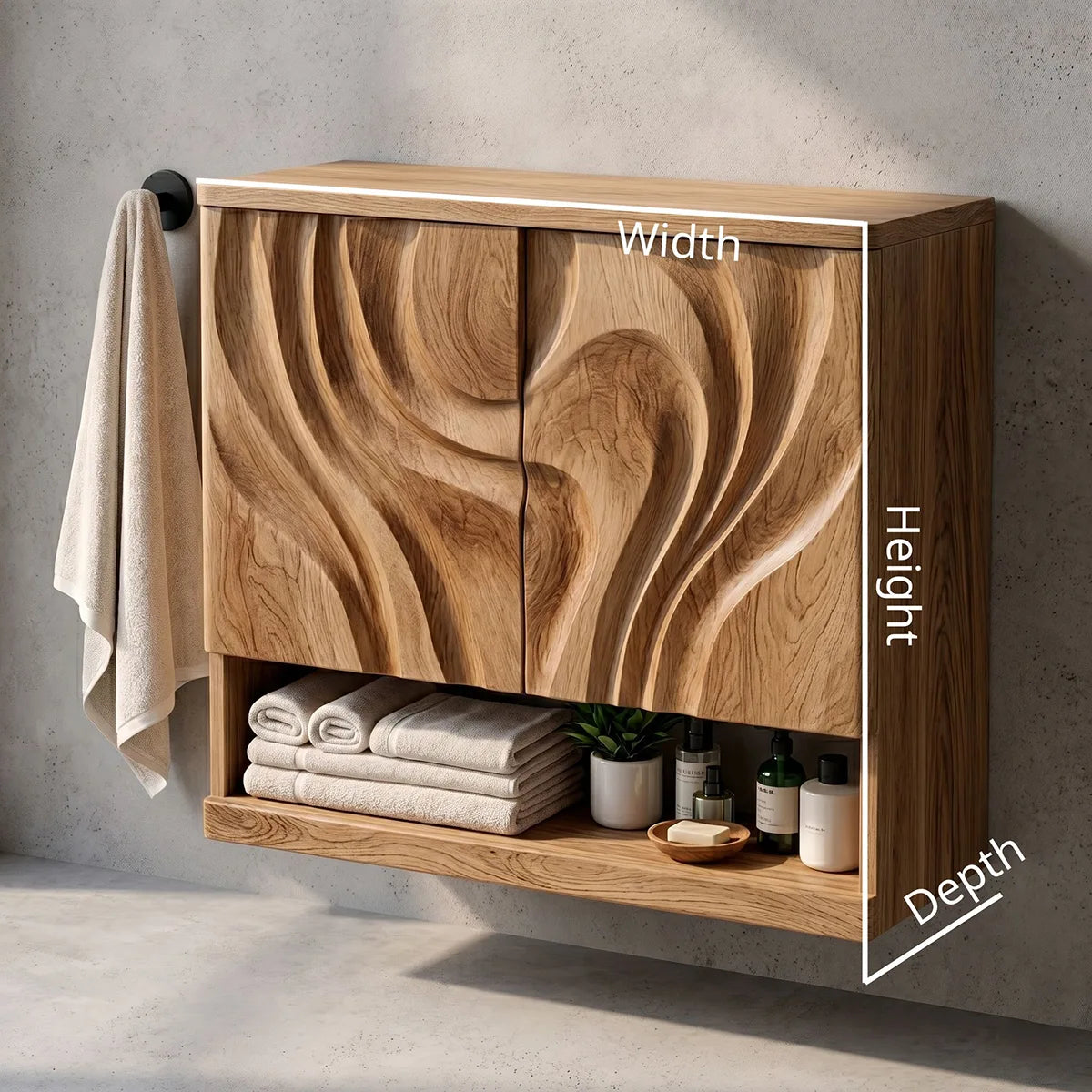 Solid Wood Floating Wall Cabinet Handcrafted Wave Front Bathroom Storage Cabinet