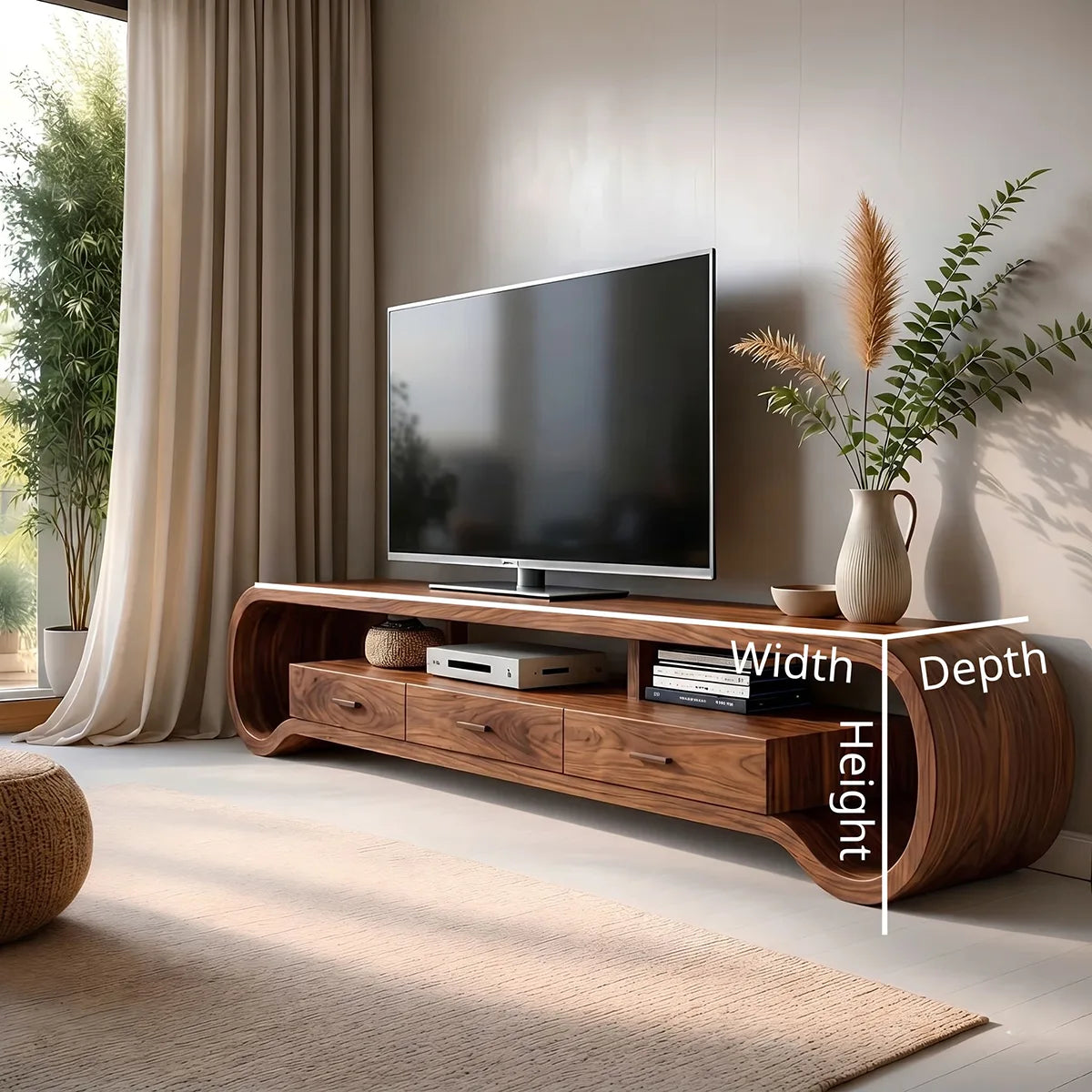 Modern Solid Wood Sculptural Loop TV Stand with Drawers