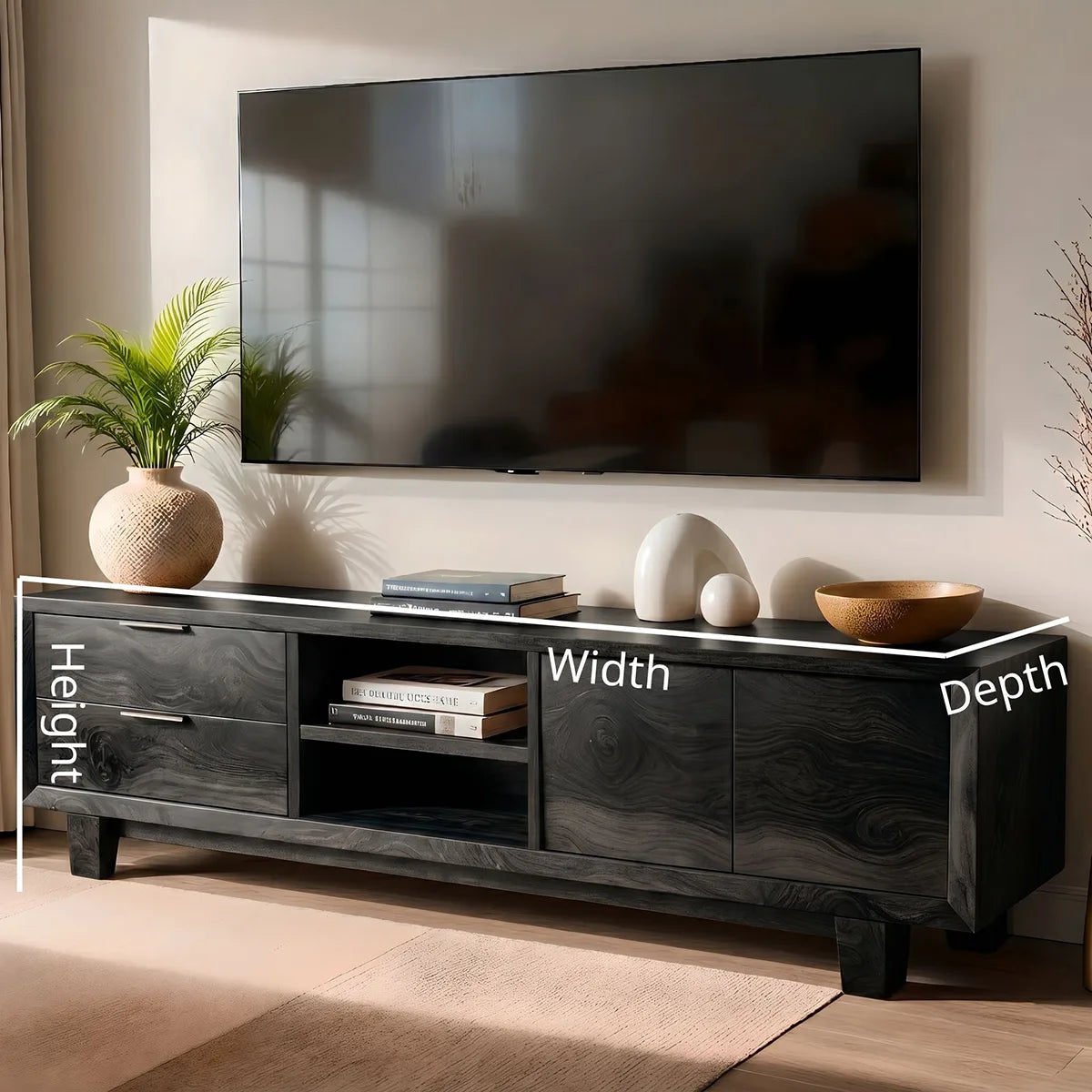 Mid Century Modern Solid Wood TV Stand with Mixed Storage