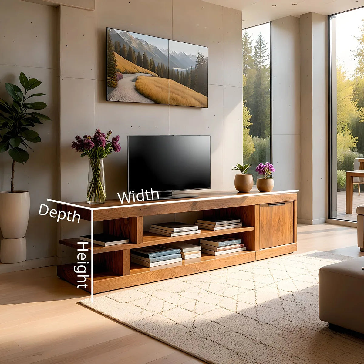 Modern Solid Wood Asymmetrical TV Stand with Tiered Shelving