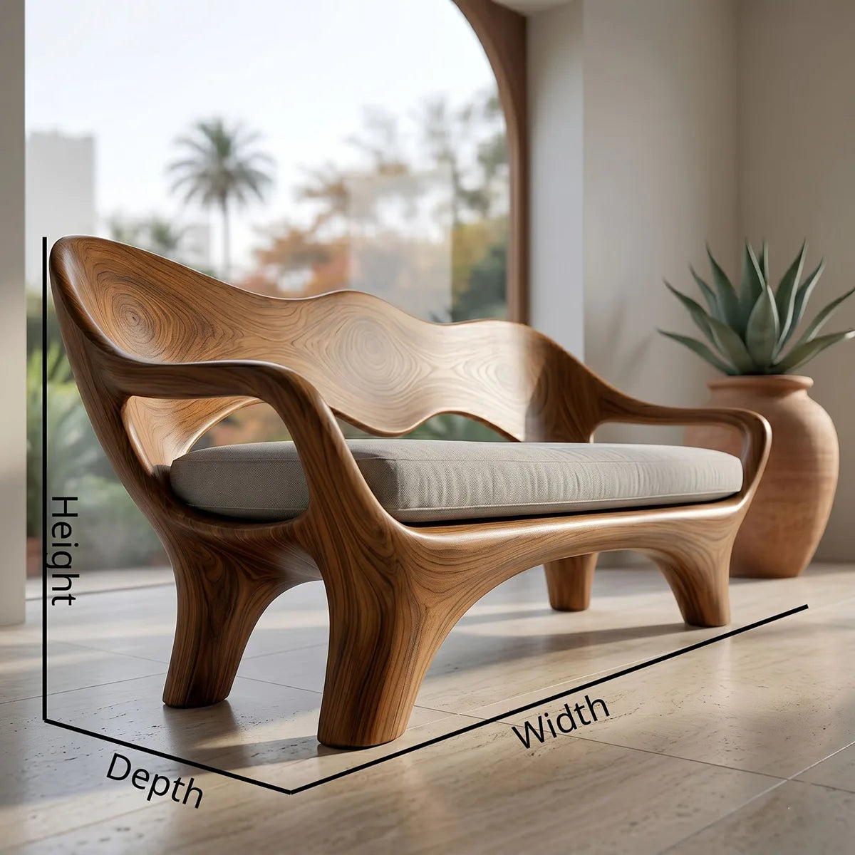 Luxury Sculptural Wooden Sofa with Organic Flowing Backrest Design