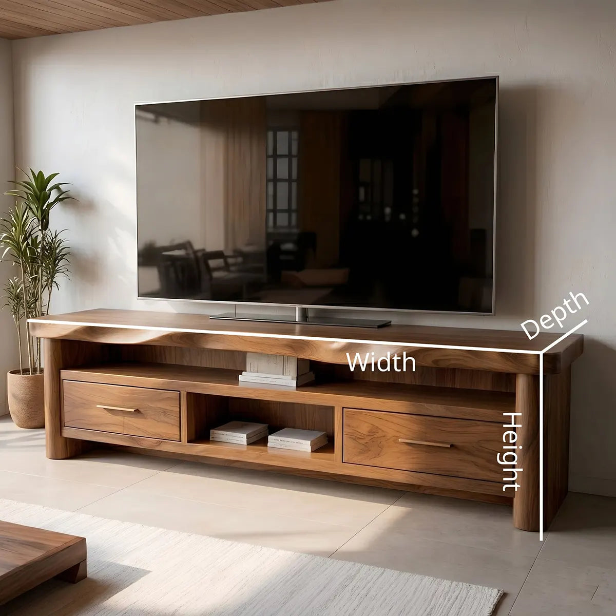 Modern Solid Wood TV Stand with Wavy Carved Top and Storage