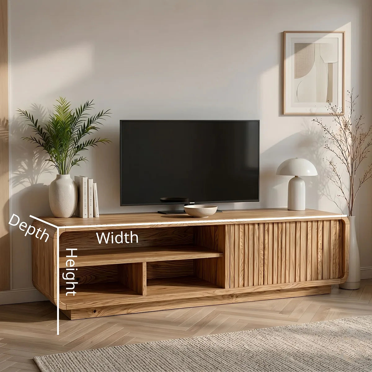Modern Solid Wood Rounded TV Stand with Slatted Tambour Door