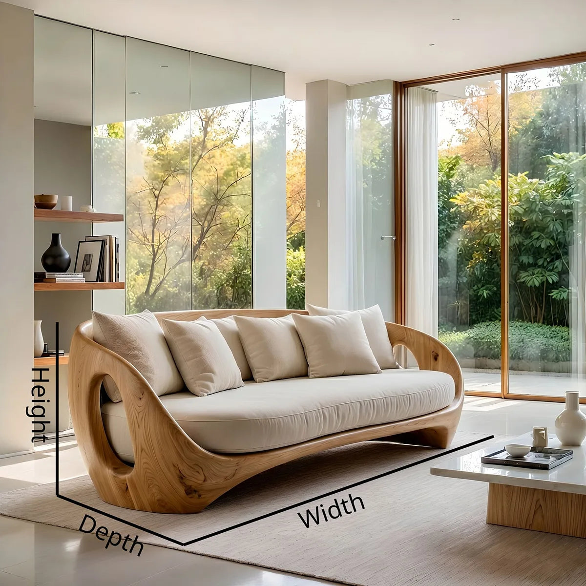 Luxury Organic Modern Sculptural Solid Wood Sofa with Curved Frame