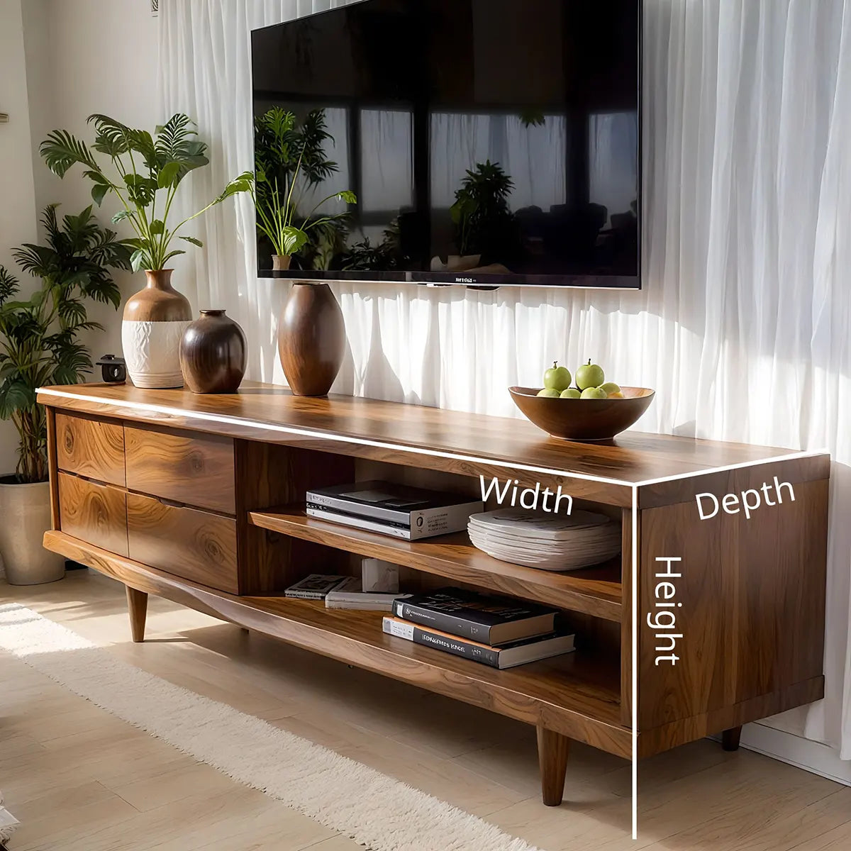 Mid Century Modern Solid Wood TV Stand with Live Edge Top